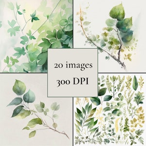 Greenery Watercolor Foliage set of 20 images at 300 DPI