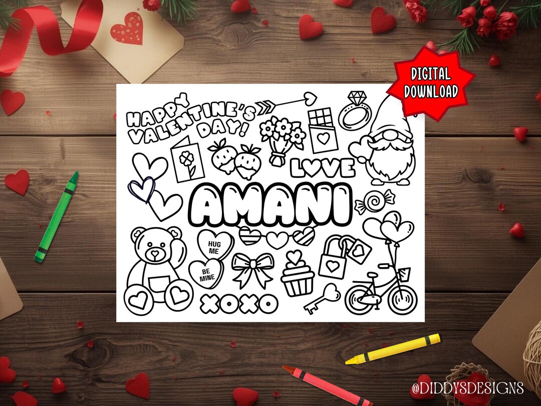 Valentine's Day Personalized Coloring Placemat - Custom Name Coloring ...