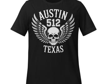 Austin Texas 512 T-Shirt Skull with Wings Graphic Tee Bold Streetwear Biker Style Shirt for Men or Women Local Pride Gift Black and White