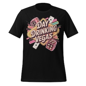 Camiseta de Las Vegas con dados, cartas y gráfico neón. Divertida camiseta de fiesta de Las Vegas para despedidas de soltera, casinos y bares.