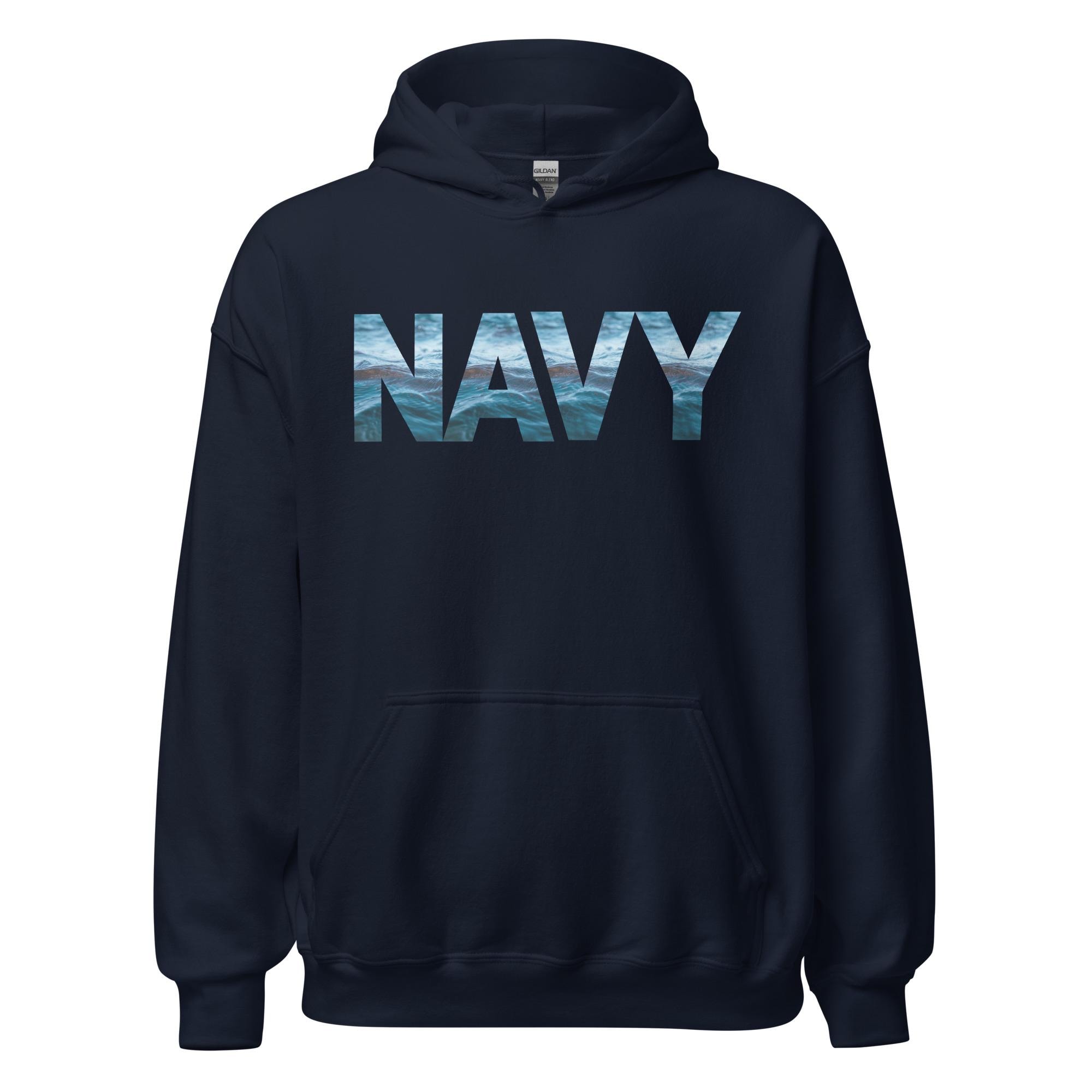 NAVY Hoodie with Ocean Text Design, Minimalist Navy Veteran Sweatshirt, U.S. Military Pride Hoodie, Clean Ocean Typography Gift