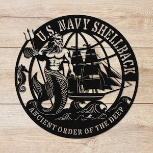 U.S. Navy Shellback Metal Wall Art Sign Ancient Order of the Deep Nautical Veteran Gift Military Neptune Trident Sea Decor for Sailors