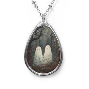 Ghost Necklace, Oval Necklace, Ghost Art Necklace, Ghost Best Friends Necklace, Ghost Couple Pendant, Vintage Ghosts in Field, Halloween Art