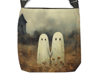 Ghosts Tote Bag - Adjustable Strap Tote Bag - Halloween Tote Bag with Zipper, Vintage Ghosts in Field Tote Bag, Ghost Best Friends Tote Bag