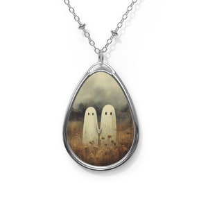 Ghost Necklace, Oval Necklace, Ghost Art Necklace, Ghost Best Friends Necklace, Ghost Couple Pendant, Vintage Ghosts in Field, Halloween