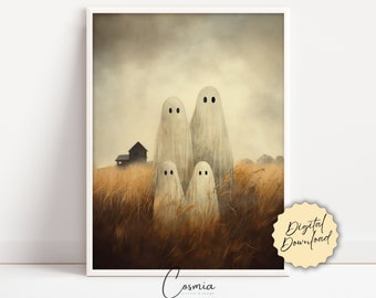 Ghosts Art Print, Halloween Art, Halloween Decor, Ghost Family in Field, Spooky Vintage Halloween, Printable Wall Art, Digital Download