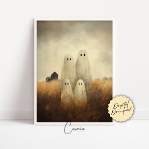 Ghosts Art Print, Halloween Art, Halloween Decor, Ghost Family in Field, Spooky Vintage Halloween, Printable Wall Art, Digital Download