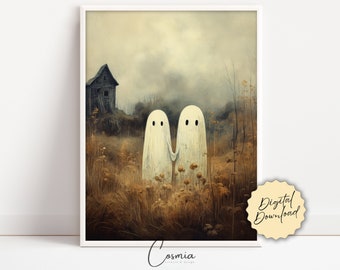 Ghosts Art Print, Halloween Art Print, Halloween Decor, Cute Ghosts in Field, Spooky Vintage Halloween, Printable Wall Art, Digital Download