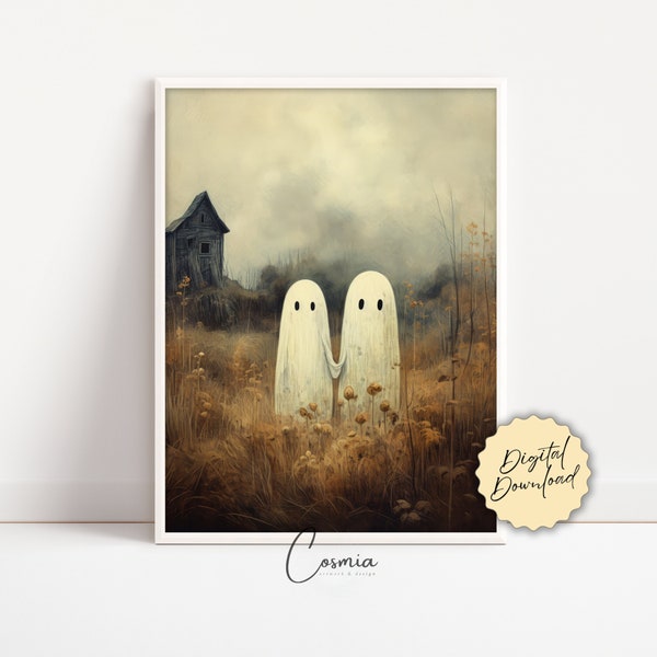 Ghosts Art Print, Halloween Art Print, Halloween Decor, Cute Ghosts in Field, Spooky Vintage Halloween, Printable Wall Art, Digital Download