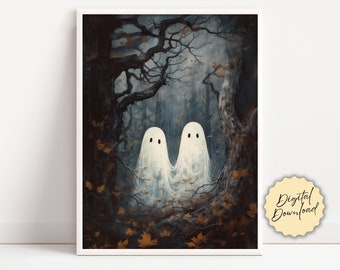 Ghosts Art Print, Halloween Art Print, Halloween Decor, Cute Ghosts in Woods, Spooky Trees Halloween, Printable Wall Art, Digital Download
