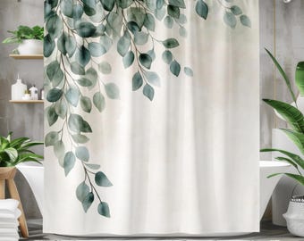 Green Shower Curtain - Boho Shower Curtain, Eucalpytus Plant Leaves Botanical Minimalist Decorative Curtain Designer Bathroom Decor