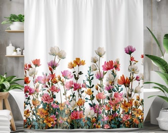 Wildflower Shower Curtain, Watercolor Floral Bathroom Decor, Cottagecore Bright Garden Flowers Curtain, Modern Farmhouse Bath Decor