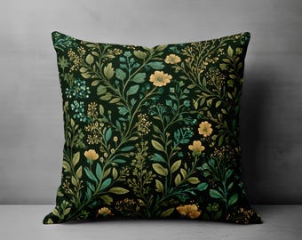 Dark Floral Throw Pillow Cover - Dark Green Cushion with Vintage Style Cottagecore Flowers Nature Inspired Boho Botanical Home Decor
