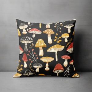 Mushroom Throw Pillow - Enchanted Forest Pillow Cover, Mushrooms Pillow, Whimscal Cottagecore Botanical Couch Pillow, Designer Home Decor