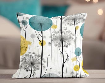 Dandelion Throw Pillow - Floral Throw Pillow, Teal and Mustard Yellow Decor, Mid-Century Dandelion Designer Pillow, Cute Accent Home Gift