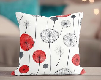Modern Throw Pillow - Dandelion Floral Throw Pillow, Black Red White Contemporary Abstract Home Decor, Cute Minimalist Whimsical Decor