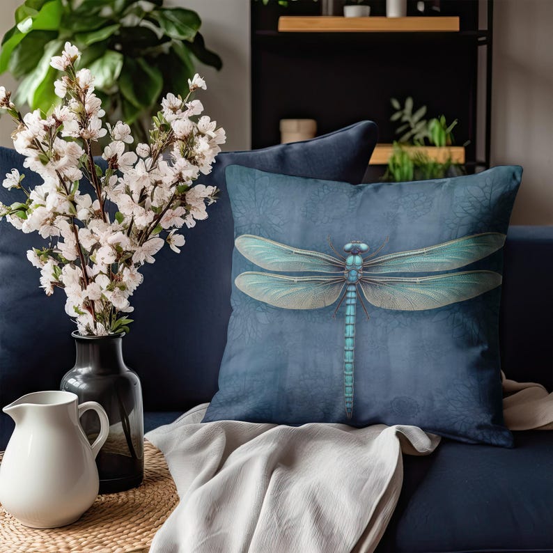 Dragonfly Throw Pillow - Dark Blue Accent Pillow with Turquoise Dragonfly for Couch, Decorative Pillow, Whimsical Cottage Dragonfly Decor immagine 2