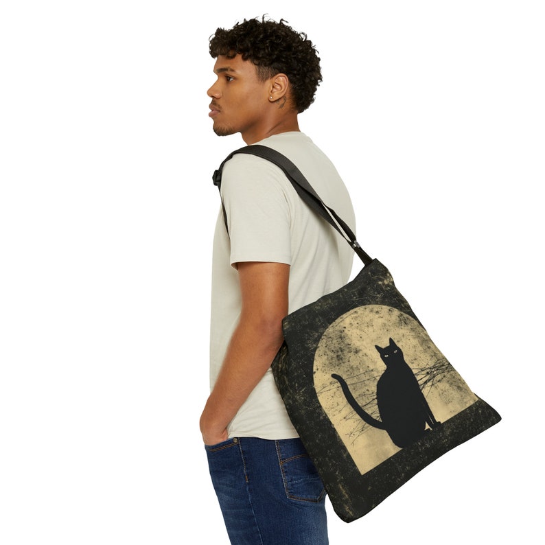 Bolso tote de gato negro - Bolso tote con correa ajustable - Bolso tote de Halloween con cremallera, bolso tote de gato espeluznante, bolso tote gótico, bolso de hombro de gato tenebroso imagen 5