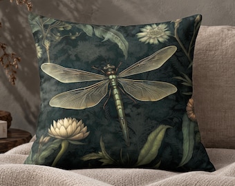 Dragonfly Throw Pillow Cover - Dark Green Forest Floral Accent Pillow, Cottage Decorative Pillow, Fantasy Dragonfly Home Decor
