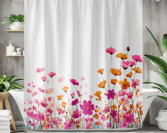 Rideau de douche rose, décoration florale printanière de salle de bain, salle de bain cottagecore, rideau de douche botanique fleurs sauvages