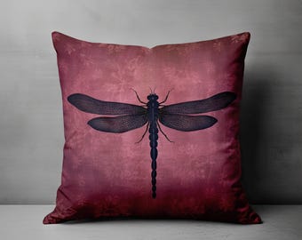 Dark Red Dragonfly Pillow, Square Art Pillow, Accent Throw Pillow, Decorative Pillow, Gothic Dragonfly Pillow, Burgandy Home Decor Gift