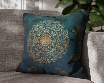 Teal Throw Pillow, Gold Mandala Pillow Cover, Zen Decor, Mindfulness Gift, Meditation Spiritual Home Decor, Yoga Room Decor, Vintage Style