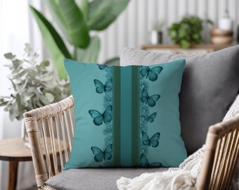 Coussin décoratif papillon bleu sarcelle, Housse de coussin floral féminin, Coussin bleu vert élégant, Coussin décoratif papillon, Décoration d'intérieur romantique