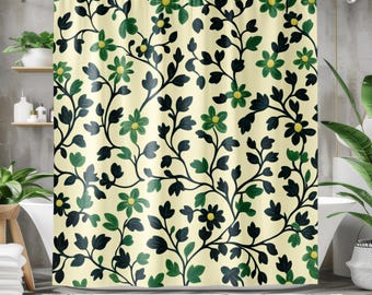 Green Shower Curtain - Boho Shower Curtain, Floral, Botanical Cottagecore Spring Flowers Whimsical Designer Bathroom Decor
