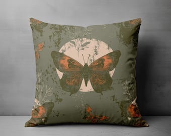 Coussin décoratif papillon maussade, housse de coussin botanique vert olive, décoration inspirée de la nature, coussin bohème terreux, décoration maison Cottagecore