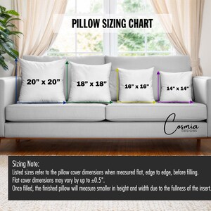 May include: A pillow sizing chart graphic featuring four white square pillows on a sofa, labelled with dimensions 20" x 20", 18" x 18", 16" x 16", and 14" x 14". A sizing note explains that dimensions refer to flat covers before filling.