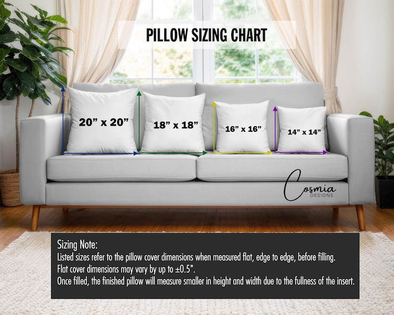 May include: A pillow sizing chart graphic featuring four white square pillows on a sofa, labelled with dimensions 20" x 20", 18" x 18", 16" x 16", and 14" x 14". A sizing note explains that dimensions refer to flat covers before filling.
