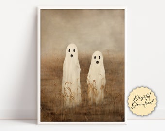 Ghosts Art Print, Halloween Art Print, Halloween Decor, Cute Ghosts in Field, Spooky Vintage Halloween, Printable Wall Art, Digital Download