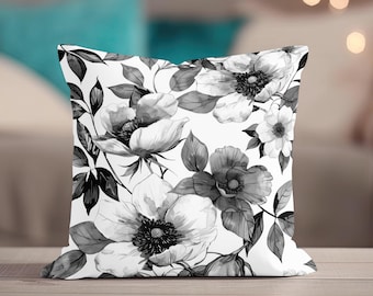 Black & White Throw Pillow, Floral Pillow Covers, Throw Pillow Covers, Floral Pillowcase, Floral Pillow Cover, Black and White Home Decor