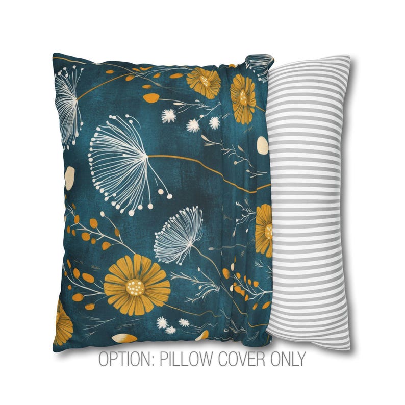 Dark Teal Dandelion Throw Pillow Cover - Floral Decorative Blue Green and Mustard Yellow Blue Green Modern Cushion Spring Home Decor image 9