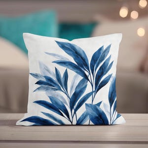 Blue Leaves Accent Pillow Cover - Tropical Leaf Couch Sofa Decorative Pillow, Leaves Modern Pillow, Coastal Home Decor