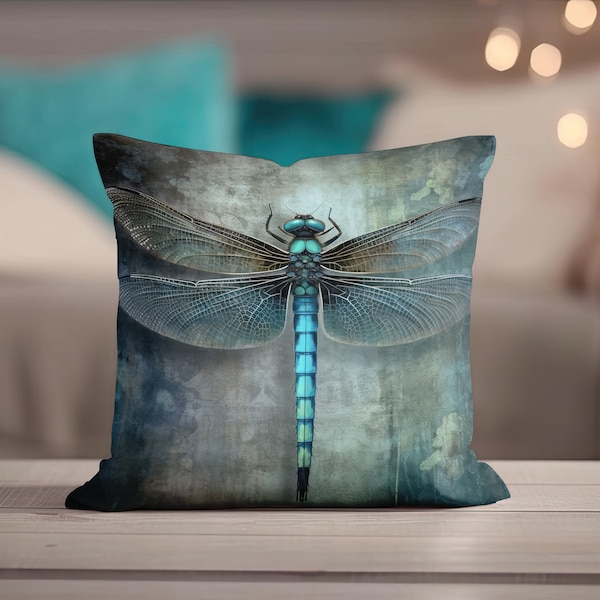 Dragonfly Throw Pillow - Throw Pillow, Dark Teal Accent Pillow for Couch, Turquoise Pillow, Decorative Pillow, Fantasy Dragonfly Home Decor