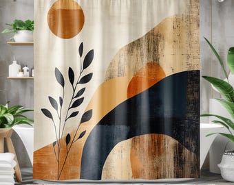 Boho Shower Curtain - Earthy Bathroom Shower Decor Neutral, Brown Neutral Brown Nature Inspired Minimalist Designer Bathroom Decor