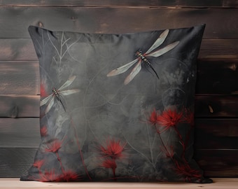 Dragonfly Pillow - Floral Throw Pillow, Red and Gray Accent Pillow, Gift for Dragonfly Lover, Decorative Pillow, Fantasy Dark Home Decor