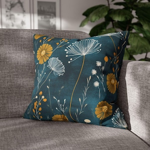 Dark Teal Dandelion Throw Pillow Cover - Floral Decorative Blue Green and Mustard Yellow Blue Green Modern Cushion Spring Home Decor image 1