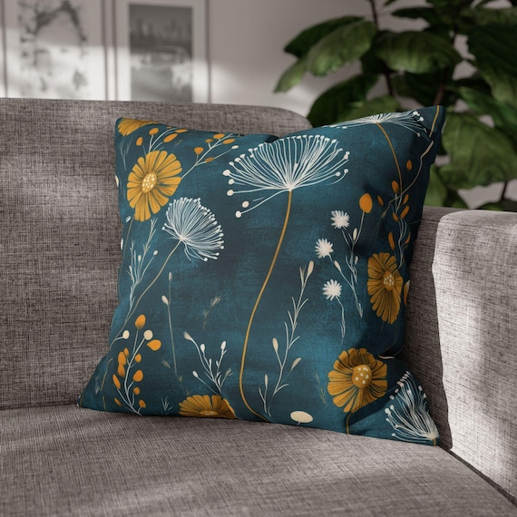 Dark Teal Dandelion Throw Pillow Cover - Floral Decorative Blue Green and Mustard Yellow Blue Green Modern Cushion Spring Home Decor