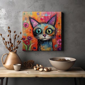 Cat Art Print Digital Download, Square Maximalist Wall Print, Cute Cat ...