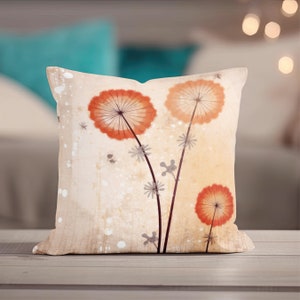 Dandelion Pillow - Floral Throw Pillow, Designer Vintage Grunge Style Accent Pillow, Minimalist Modern Decorative Pillow, Peach Rust Orange