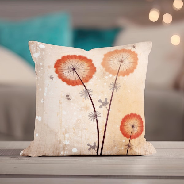 Dandelion Pillow - Floral Throw Pillow, Designer Vintage Grunge Style Accent Pillow, Minimalist Modern Decorative Pillow, Peach Rust Orange