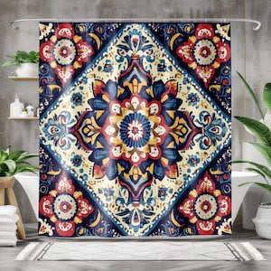 Boho Shower Curtain - Mandala Bathroom Shower Decor Dark Blue Red Yellow Bohemian Style Designer Bathroom Decor