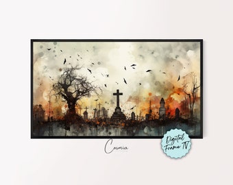 Samsung Frame TV,  Halloween Art, Graveyard Wall Decor, Spooky Graveyard Painting, Gothic Wall Art, Frame TV Artwork, Digital Download