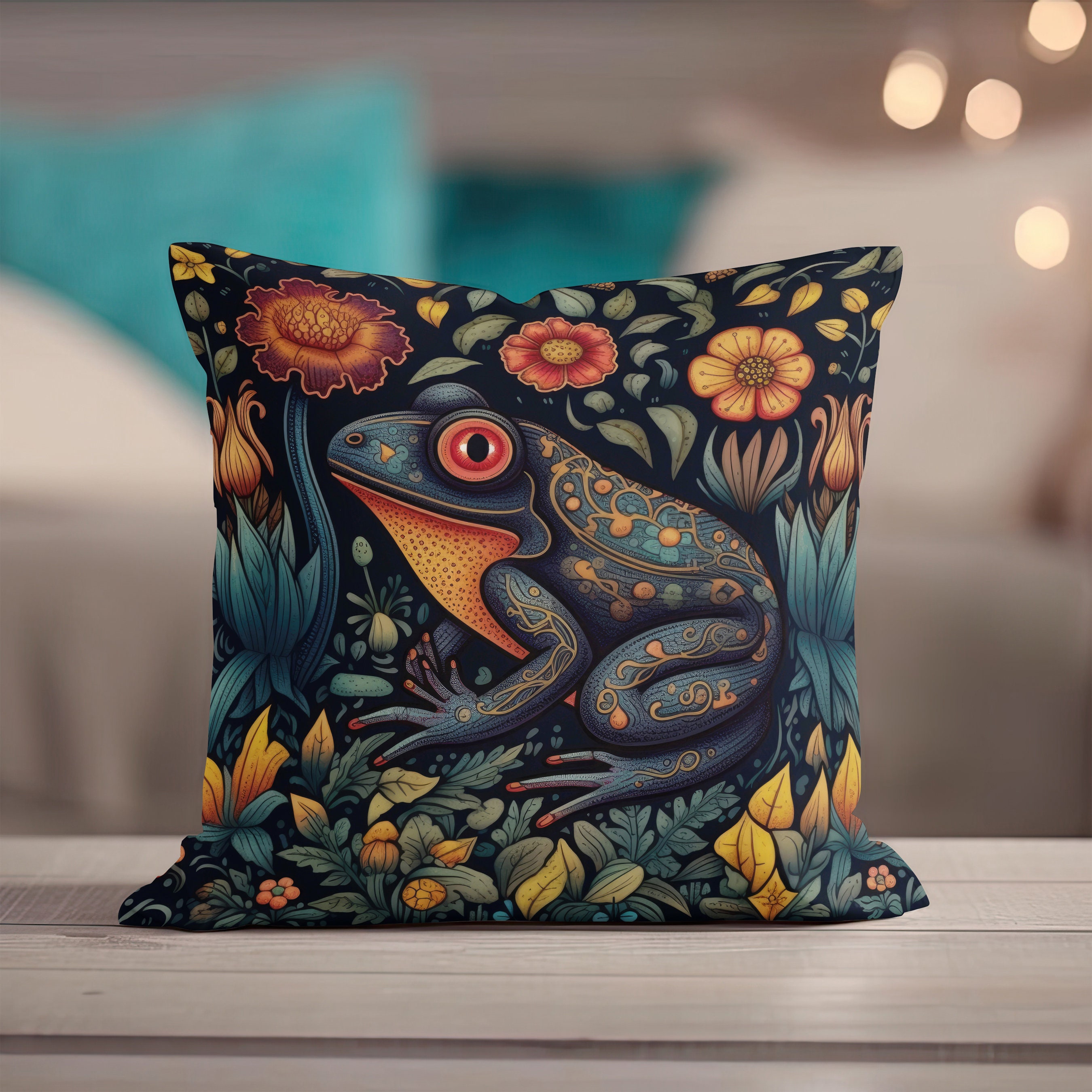 Frog Decor Black Navy Blue Throw Pillow Frog Forest Pillow Dark Bold Colors Botanical Floral Accent Pillow Design Frog Lover Gift Etsy