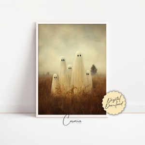 Ghosts Art Print, Halloween Art, Halloween Decor, Ghost Family in Field, Spooky Vintage Halloween, Printable Wall Art, Digital Download