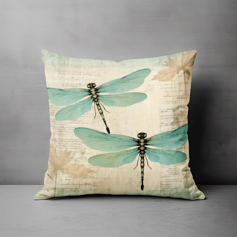 Dragonflies Pillow Cover - Throw Pillow, Vintage Accent Pillow for Couch, Chair or Bed, Cottage Decor, Decorative Pillow, Dragonfly Gift image 6