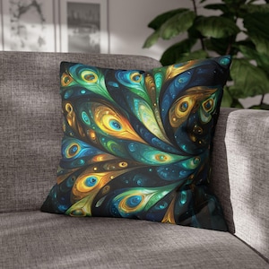 Peacock Throw Pillow Cover - Abstract Turquoise Decorative Pillow Unique Spiritual Peacock Feather Teal Blue Yellow Pillow Home Decor
