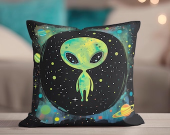 Almohada alienígena, cojín decorativo alienígena, fundas de almohada alienígenas, fundas de almohada decorativas bonitas, almohada única, funda de almohada espacial, regalo de decoración para el hogar con diseño alienígena